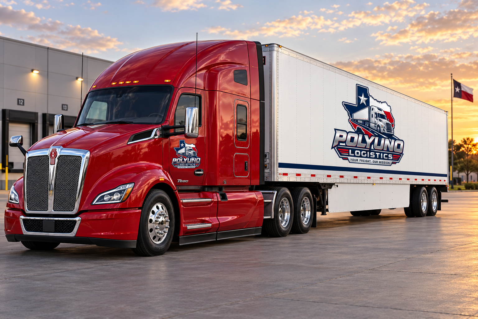 Red POLYUNO Kenworth T680 with white branded dry-van trailer